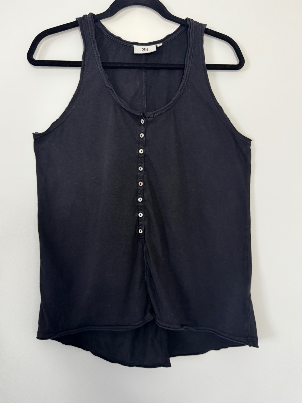 Noa Noa Button Down Henley Tank Top Black Raw Rolled Hems Scoop Neck Sz L